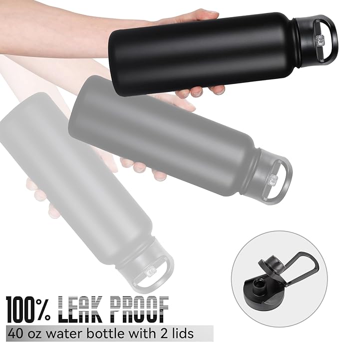 🎁 40 oz Insulated Water Bottle with Straw, Stainless Steel Sports Water Bottles with 2 Lids (Straw and Wide Mouth lid), Double Wall Vacuum, Leakproof, BPA-Free, Black (100% off)