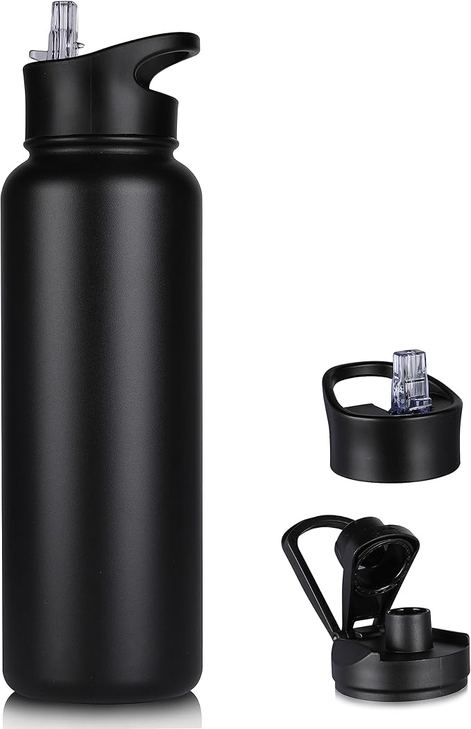 🎁 40 oz Insulated Water Bottle with Straw, Stainless Steel Sports Water Bottles with 2 Lids (Straw and Wide Mouth lid), Double Wall Vacuum, Leakproof, BPA-Free, Black (100% off)