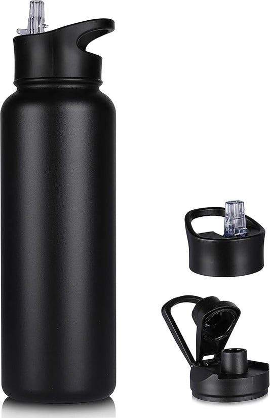 🎁 40 oz Insulated Water Bottle with Straw, Stainless Steel Sports Water Bottles with 2 Lids (Straw and Wide Mouth lid), Double Wall Vacuum, Leakproof, BPA-Free, Black (100% off)