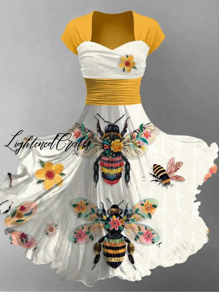 Bee Floral Art Print Short Sleeve Vintage Dress