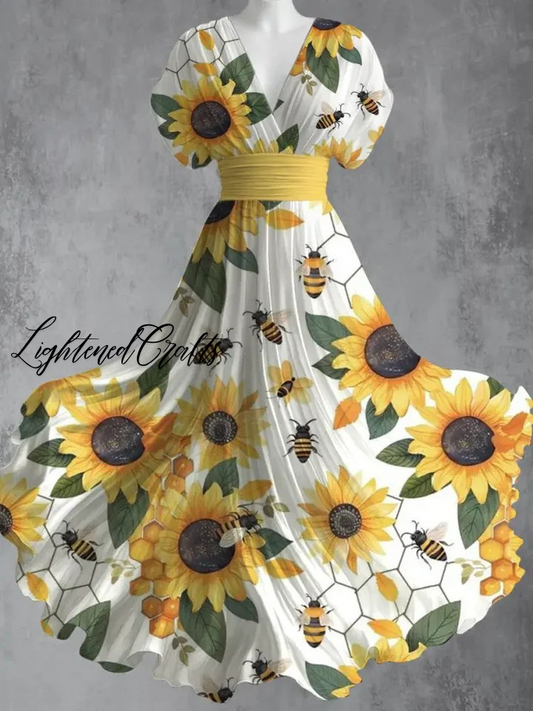 Bee Floral Art Print V-Neck Short Sleeve Retro Dress