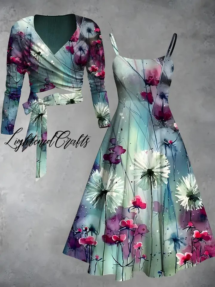 Vintage Floral Print V-Neck Short Sleeve Two-Piece Midi Dress