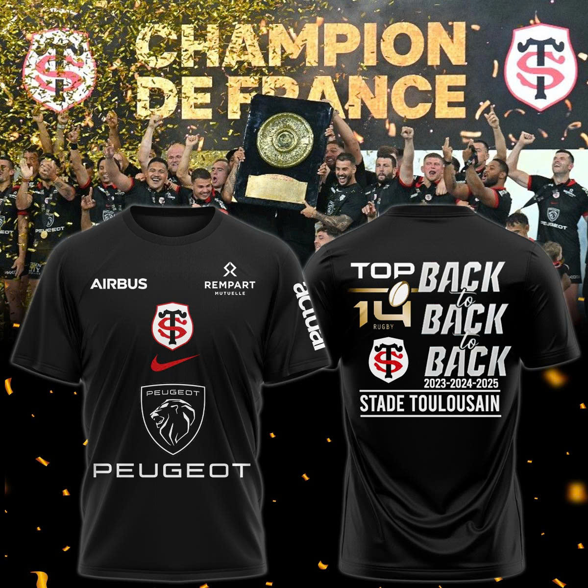 Stade Toulousain Champions 2025 Back To Back To Back T-Shirt