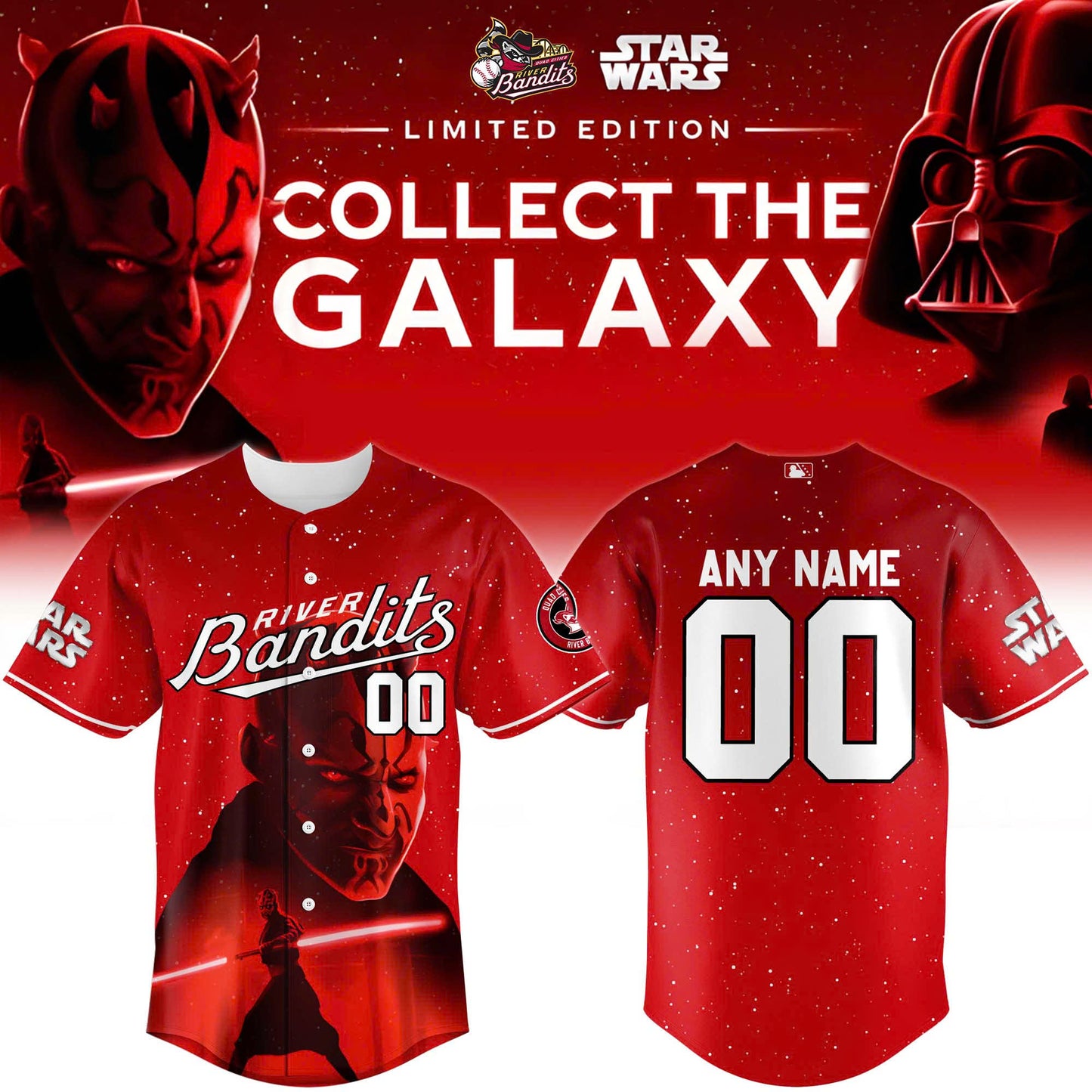 Quad Cities River Bandits x Star Wars Baseball Jersey 2025 Darth Maul