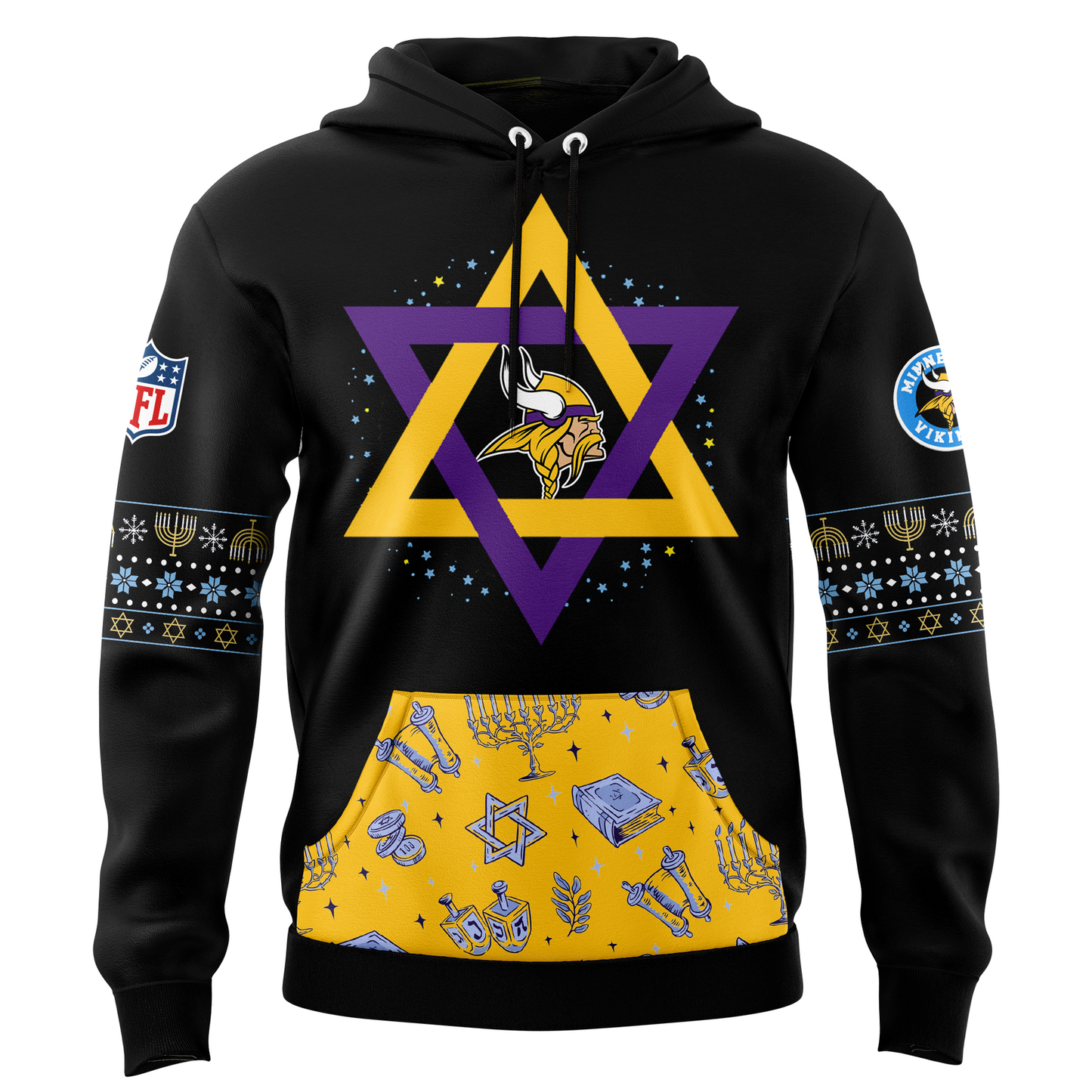 Premium Minnesota Vikings Merch - Minnesota Vikings 2025 Hanukkah Holliday Premium Limited Pullover Hoodie - Gear Up For Game Day