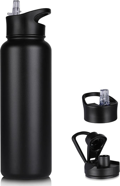 🎁 40 oz Insulated Water Bottle with Straw, Stainless Steel Sports Water Bottles with 2 Lids (Straw and Wide Mouth lid), Double Wall Vacuum, Leakproof, BPA-Free, Black (100% off)
