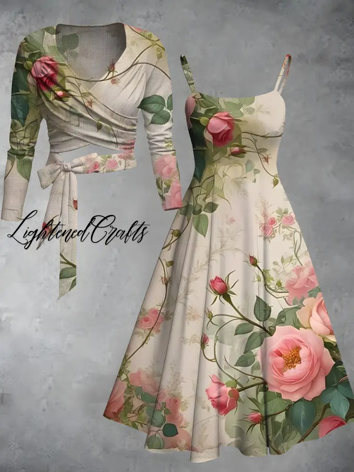 Vintage Floral Print V-Neck Long Sleeve Two-Piece Midi Dress