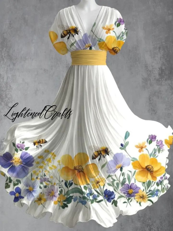 Vintage Floral Print V-Neck Short Sleeve Two-Piece Midi Dress