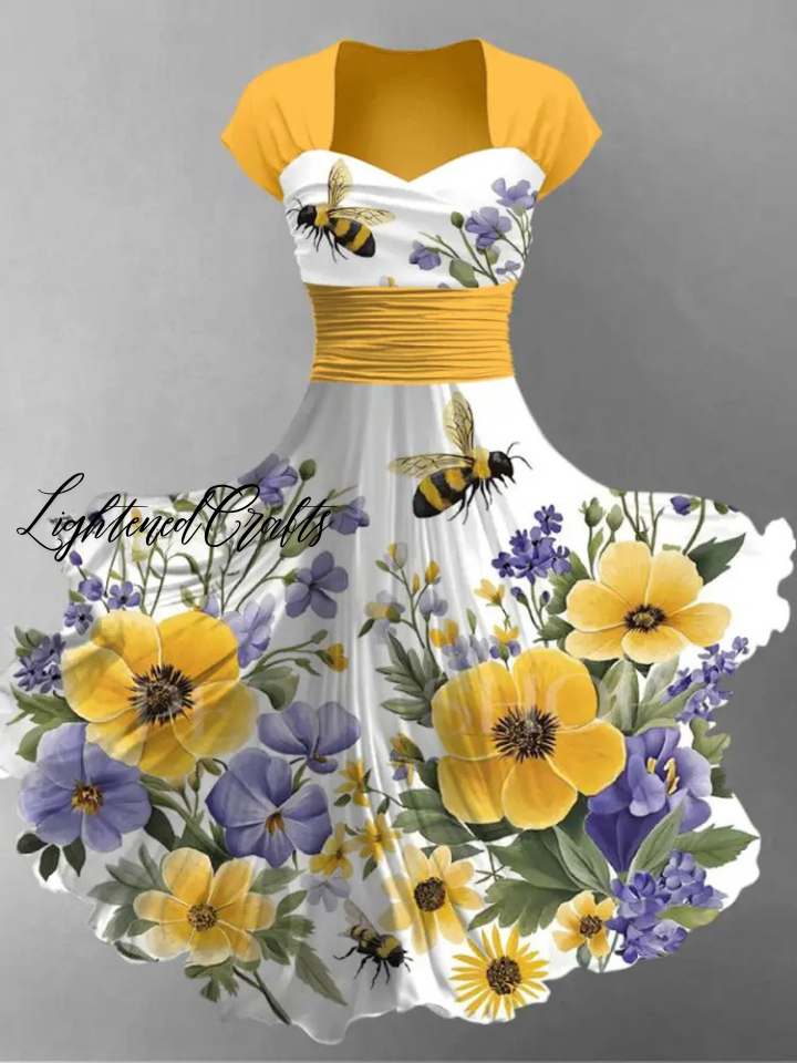 Bee Floral Art Print Short Sleeve Vintage Dress