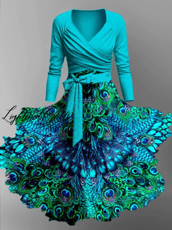 Peacock Feather Print Vintage V-Neck Long Sleeve Two-Piece Midi Dress