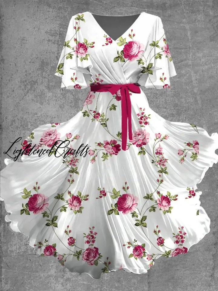 Vintage Floral Art Print Chic V-Neck Short Sleeve Midi Dress