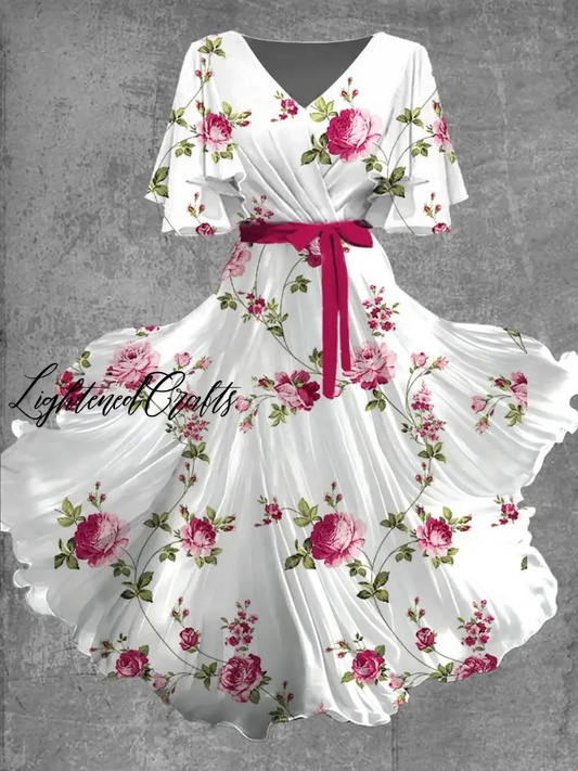 Vintage Floral Art Print Chic V-Neck Short Sleeve Midi Dress