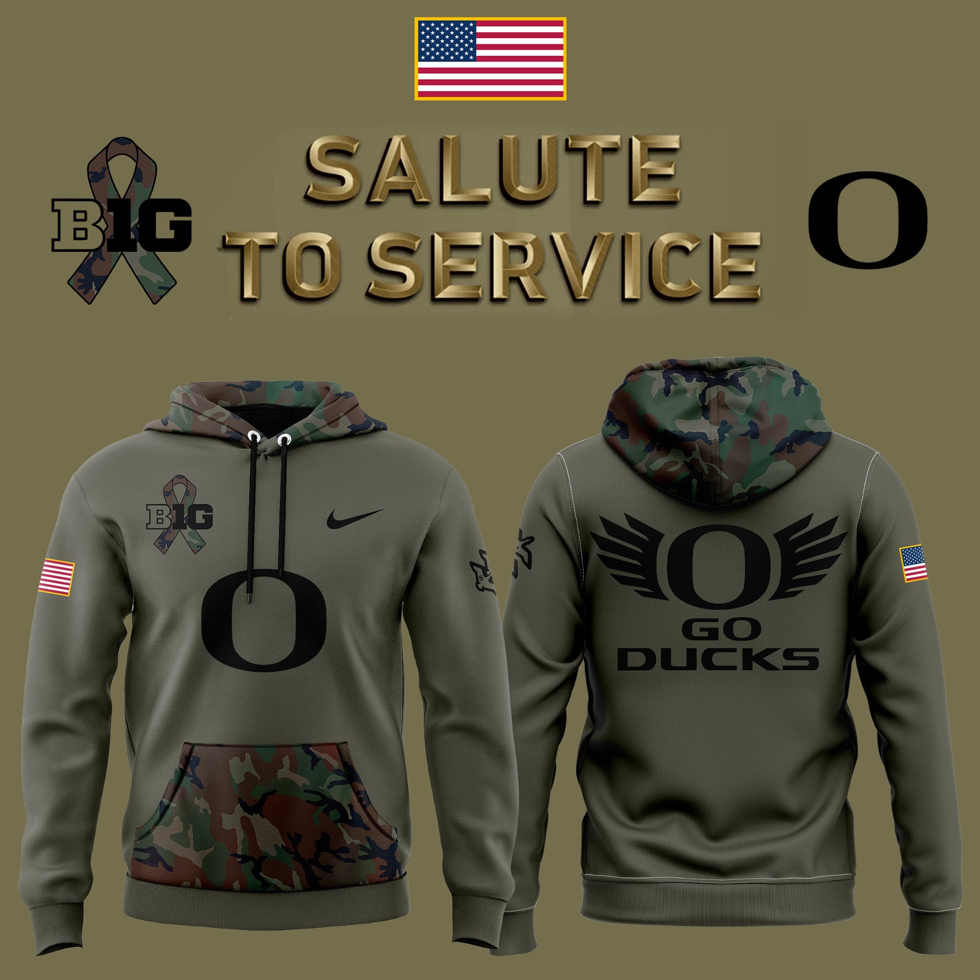 Oregon Ducks Camo 2024 Salute to Service Club Fleece Pullover Hoodie