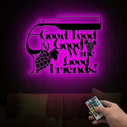 Wine Metal Wall Art with Led Lights, Good Food Good Wine Good Friends Kitchen Decor, Wine Home Decor, Wine Lover Gift, Home Bar Decor