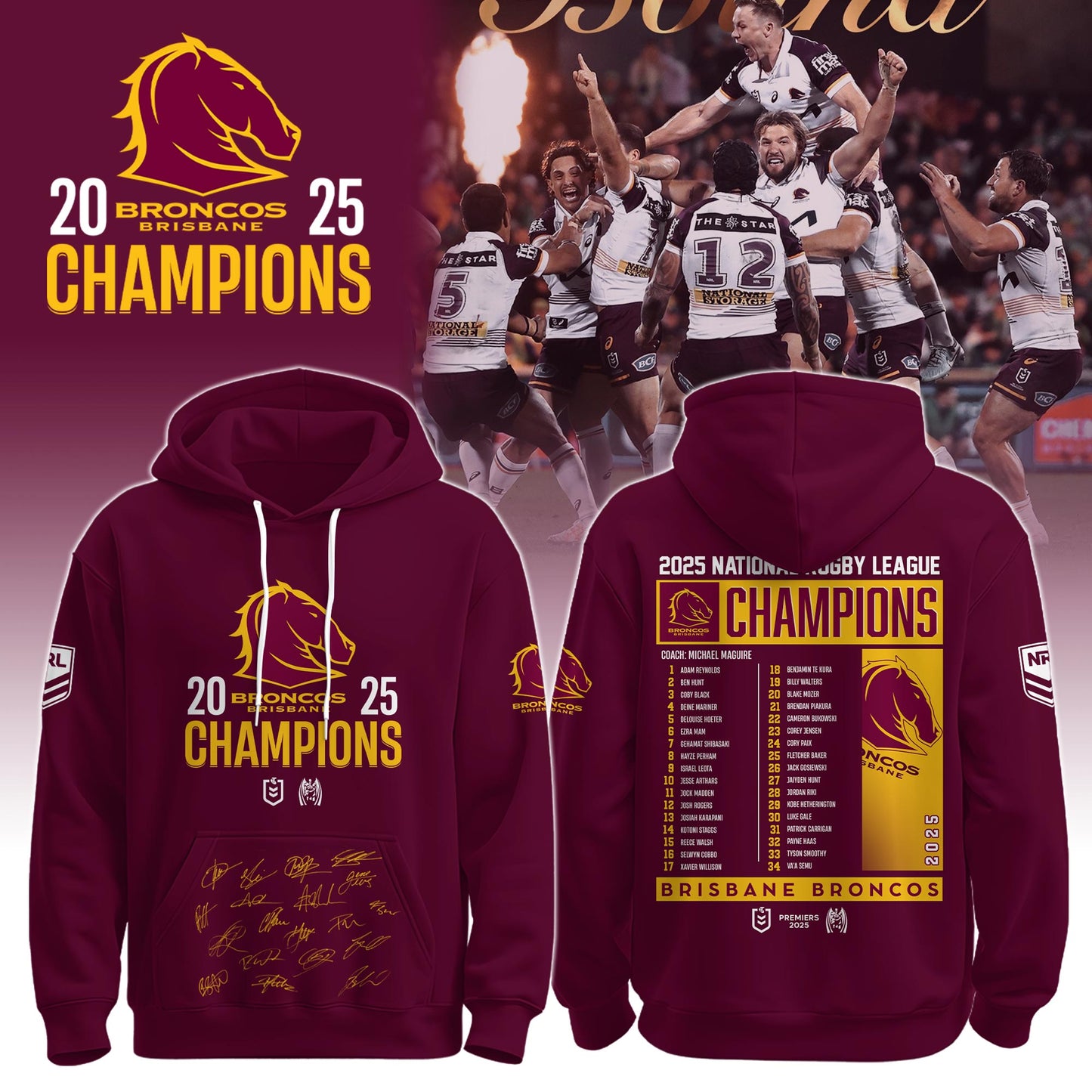 B.Broncos NRL Finals 2025 Champions Combo Hoodie