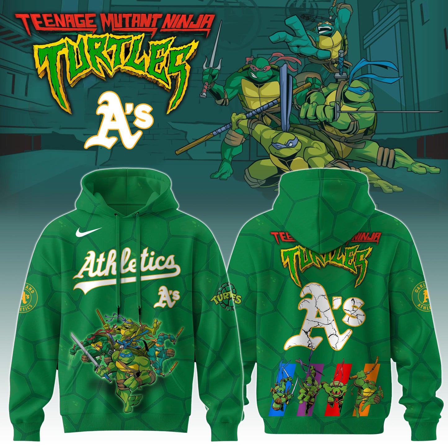 .        Oakland Athletics MLB x Ninja Turtles Special Edition Hoodie 2025