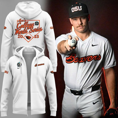 Special New Beavers Baseball Men's College World Series White Zip Hoodie 2