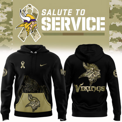 Premium Minnesota Vikings Merch - Black Minnesota Vikings 2025 Salute to Service Club Fleece Pullover Hoodie - Gear Up For Game Day