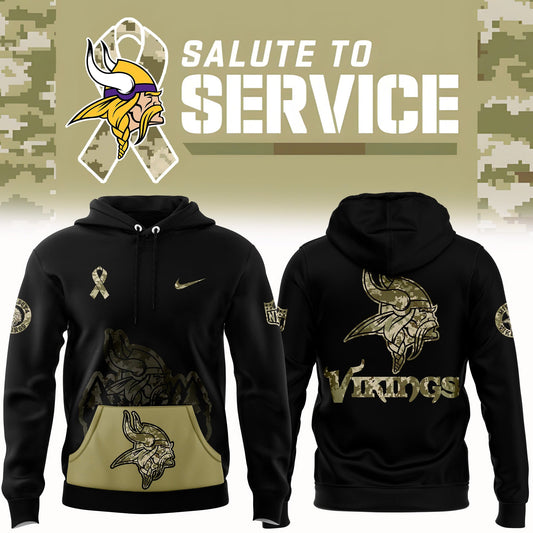 Premium Minnesota Vikings Merch - Black Minnesota Vikings 2025 Salute to Service Club Fleece Pullover Hoodie - Gear Up For Game Day